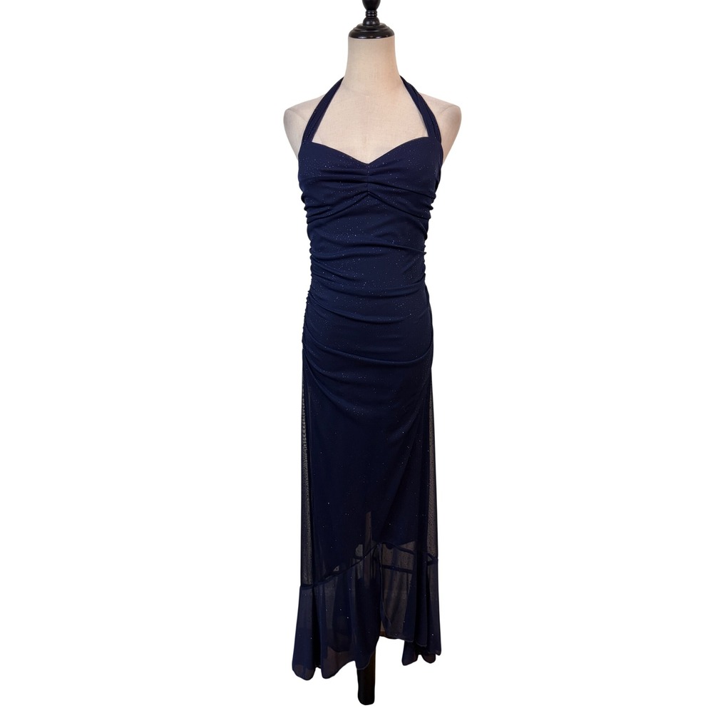 VTG Y2K My Michelle Navy Blue Glitter Halter Maxi Dress Ruched Prom Formal fairy